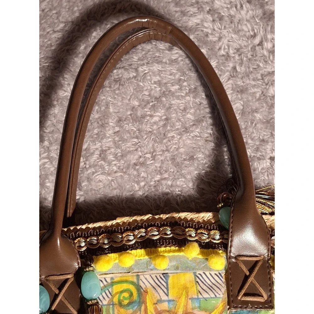 Sicilian Coffa Straw Tote Bag Sun Face Tassels PomPom Beach Vacation Handmade - Picture 6 of 11